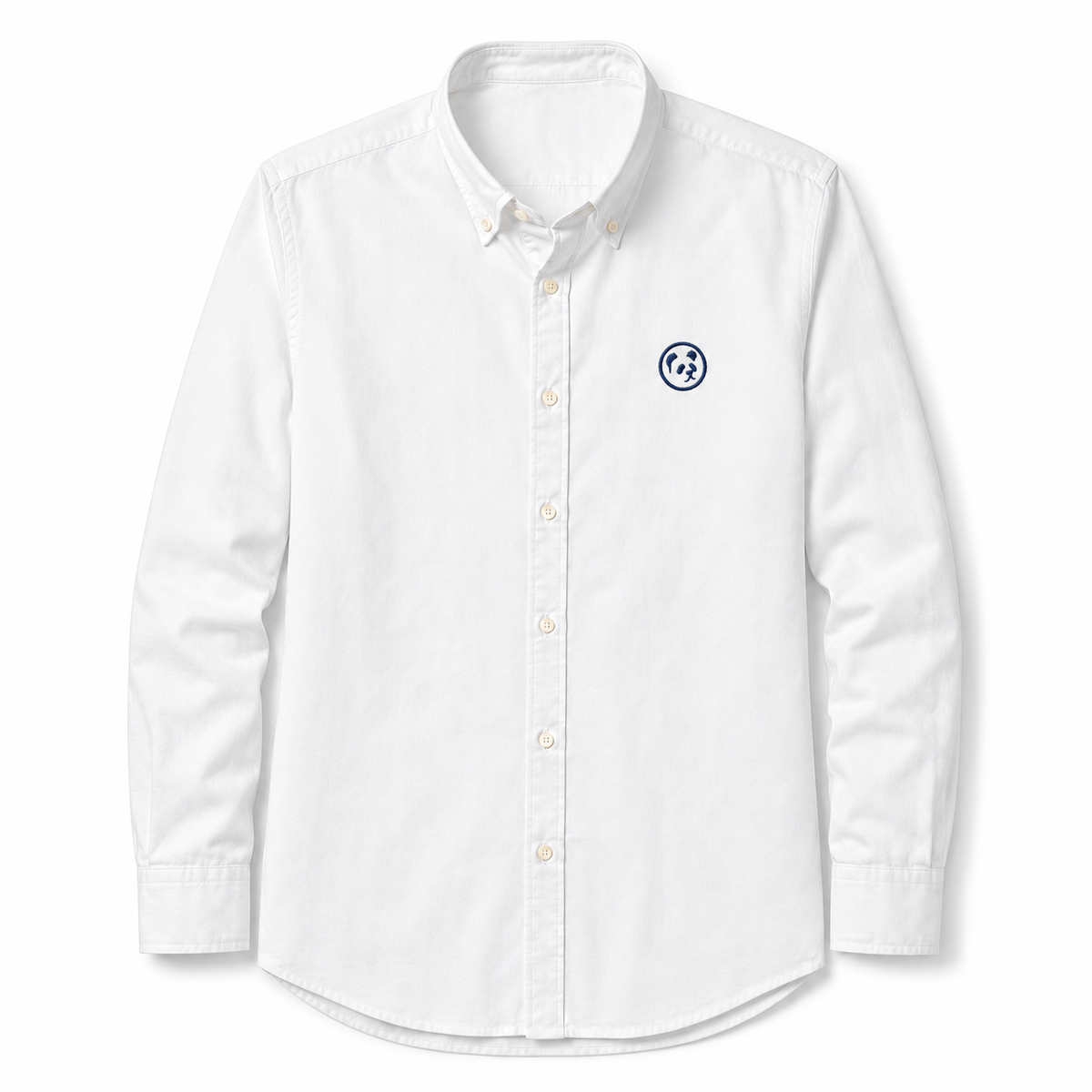 Camisa blanca LaPanda de manga larga con cuello abotonado y logo de panda en el pecho, vista frontal.