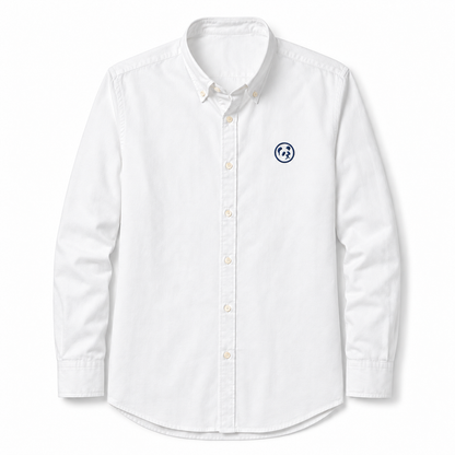 Camisa blanca LaPanda de manga larga con cuello abotonado y logo de panda en el pecho, vista frontal.