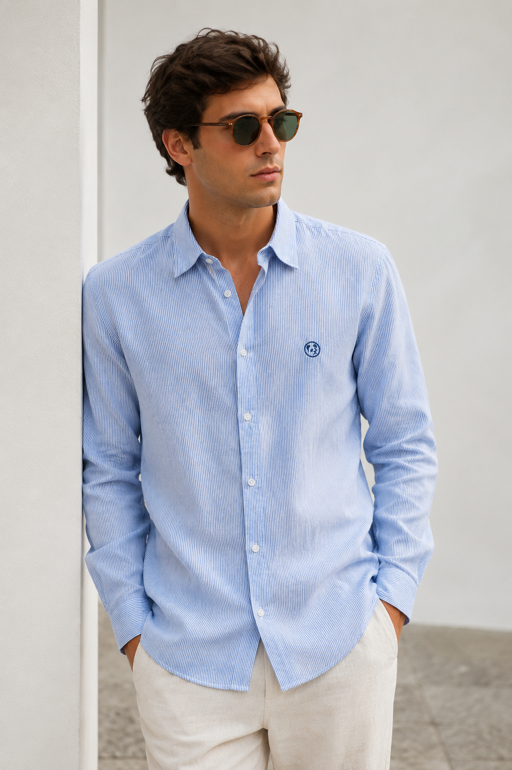 Camisa Lino Azul Rayas