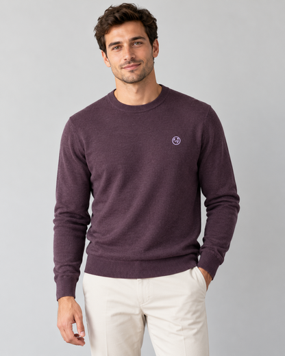 Modelo con jersey ciruela de LaPanda, cuello redondo y bordado original lila, combinado con pantalones crudos, vista frontal