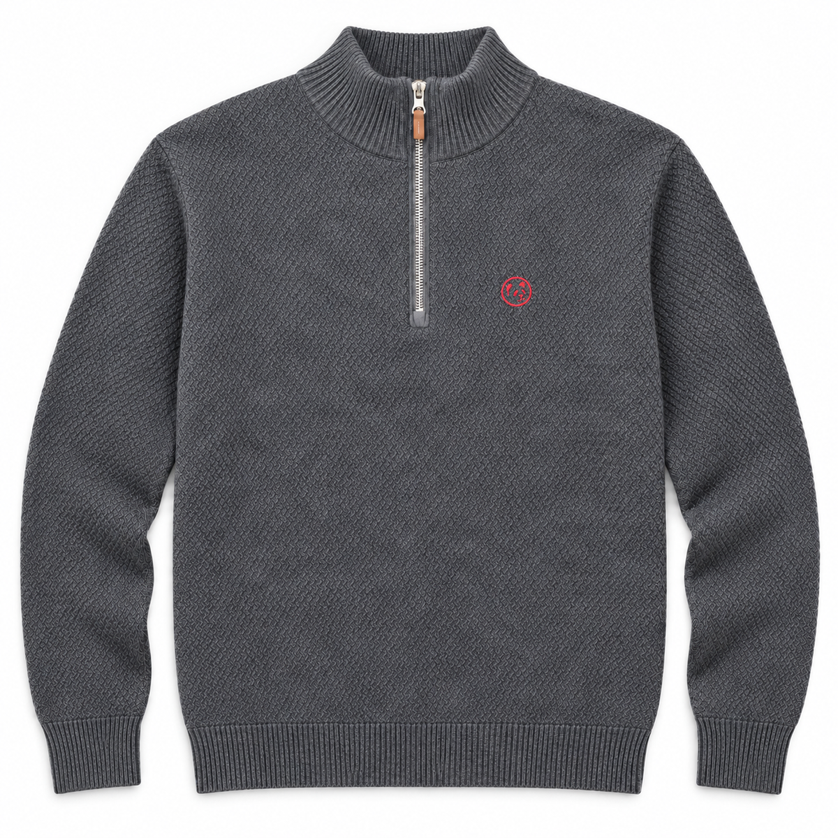 Jersey gris marengo jaspeado LaPanda de punto texturizado, media cremallera y pequeño panda bordado rosa intenso, vista frontal