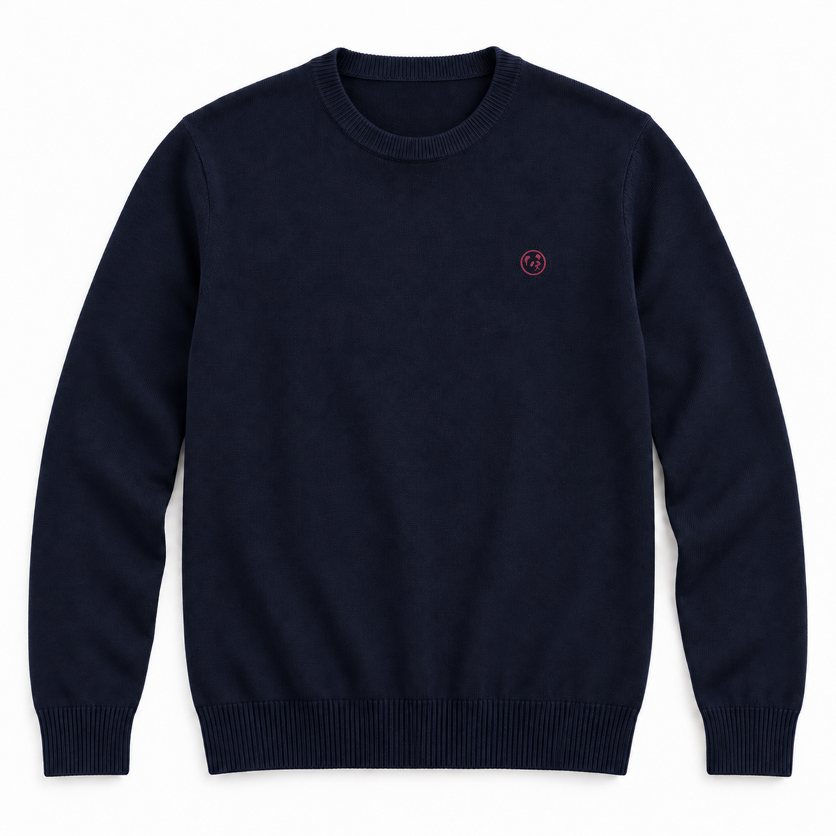 Jersey azul marino de LaPanda con cuello redondo y pequeño panda bordado en rojo coral en el pecho izquierdo, vista frontal
