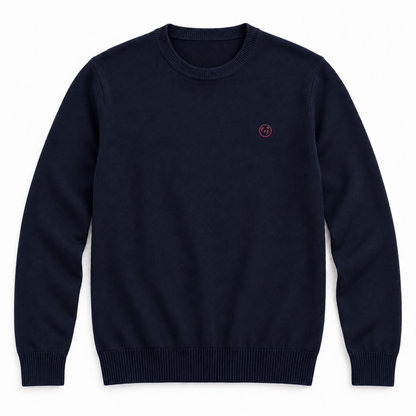 Jersey azul marino de LaPanda con cuello redondo y pequeño panda bordado en rojo coral en el pecho izquierdo, vista frontal