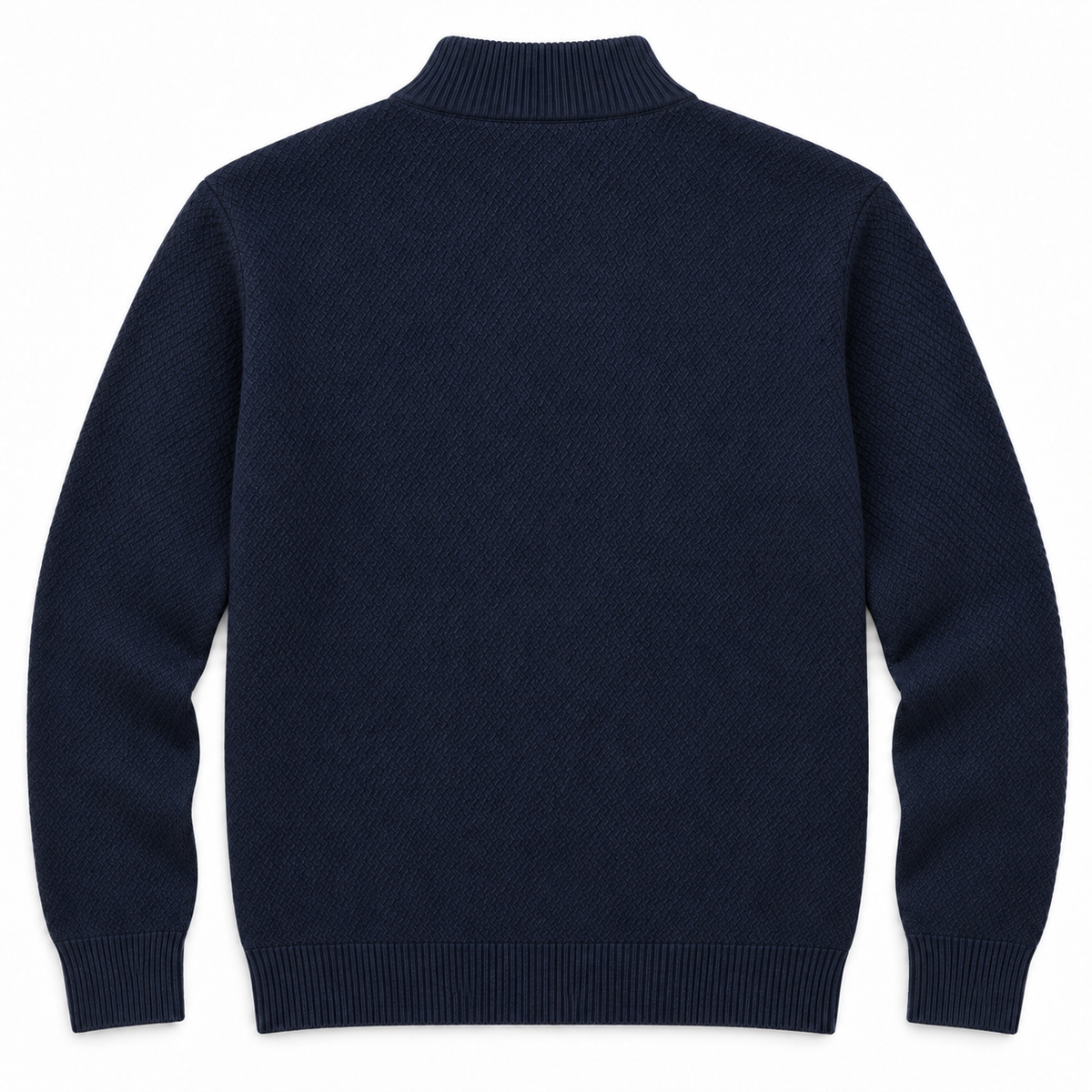 Vista trasera del jersey azul marino de punto texturizado de LaPanda, con cuello alto, puños y bajo de canalé