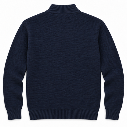 Vista trasera del jersey azul marino de punto texturizado de LaPanda, con cuello alto, puños y bajo de canalé