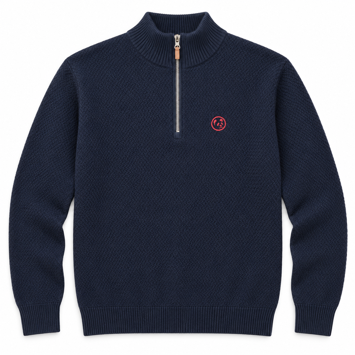 Jersey azul marino de LaPanda con punto texturizado, media cremallera y pequeño panda bordado rojo coral, vista frontal