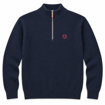 Jersey azul marino de LaPanda con punto texturizado, media cremallera y pequeño panda bordado rojo coral, vista frontal