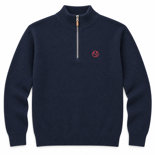 Jersey azul marino de LaPanda con punto texturizado, media cremallera y pequeño panda bordado rojo coral, vista frontal