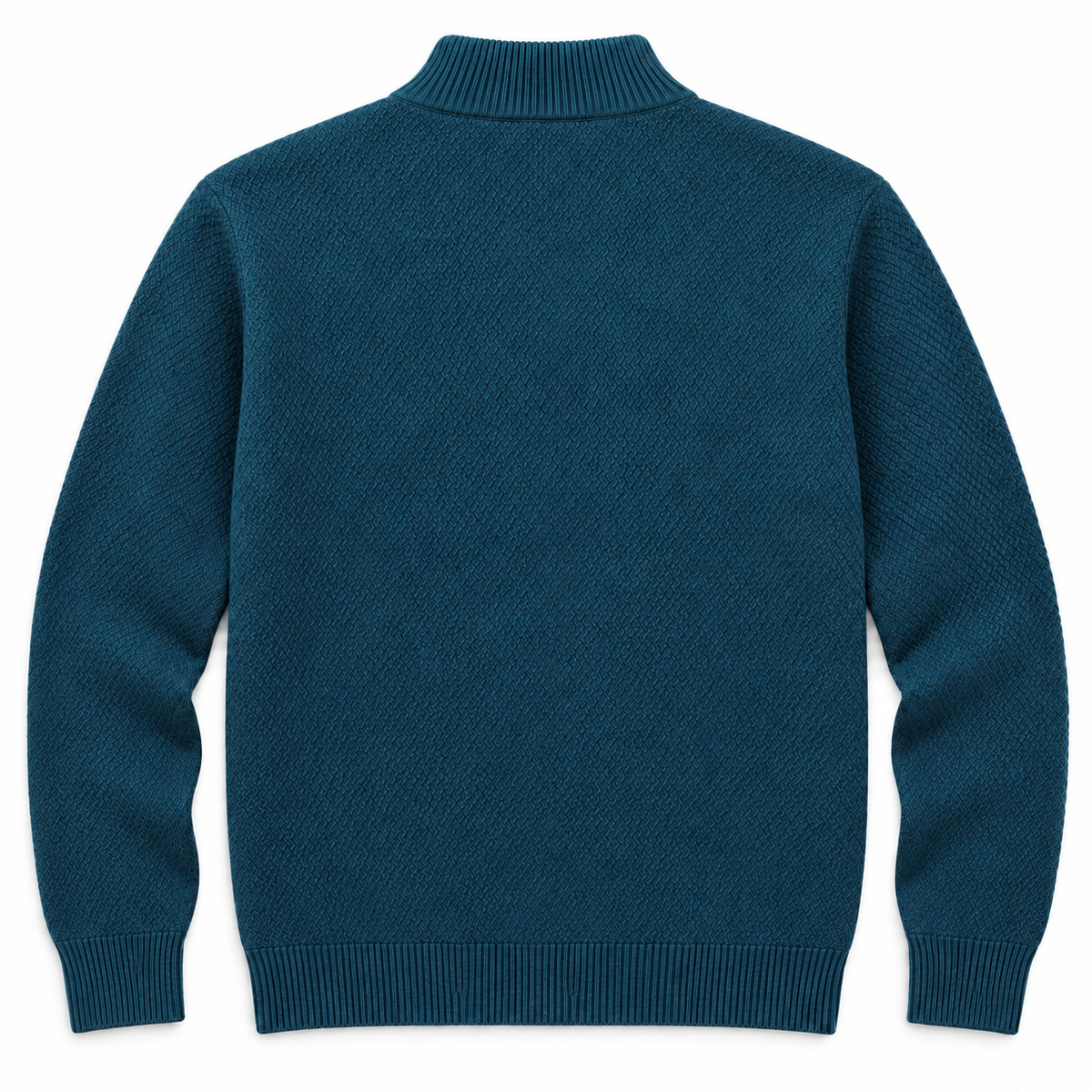 Vista trasera del jersey azul petróleo LaPanda de punto texturizado, con cuello alto, puños y bajo de canalé