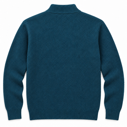 Vista trasera del jersey azul petróleo LaPanda de punto texturizado, con cuello alto, puños y bajo de canalé
