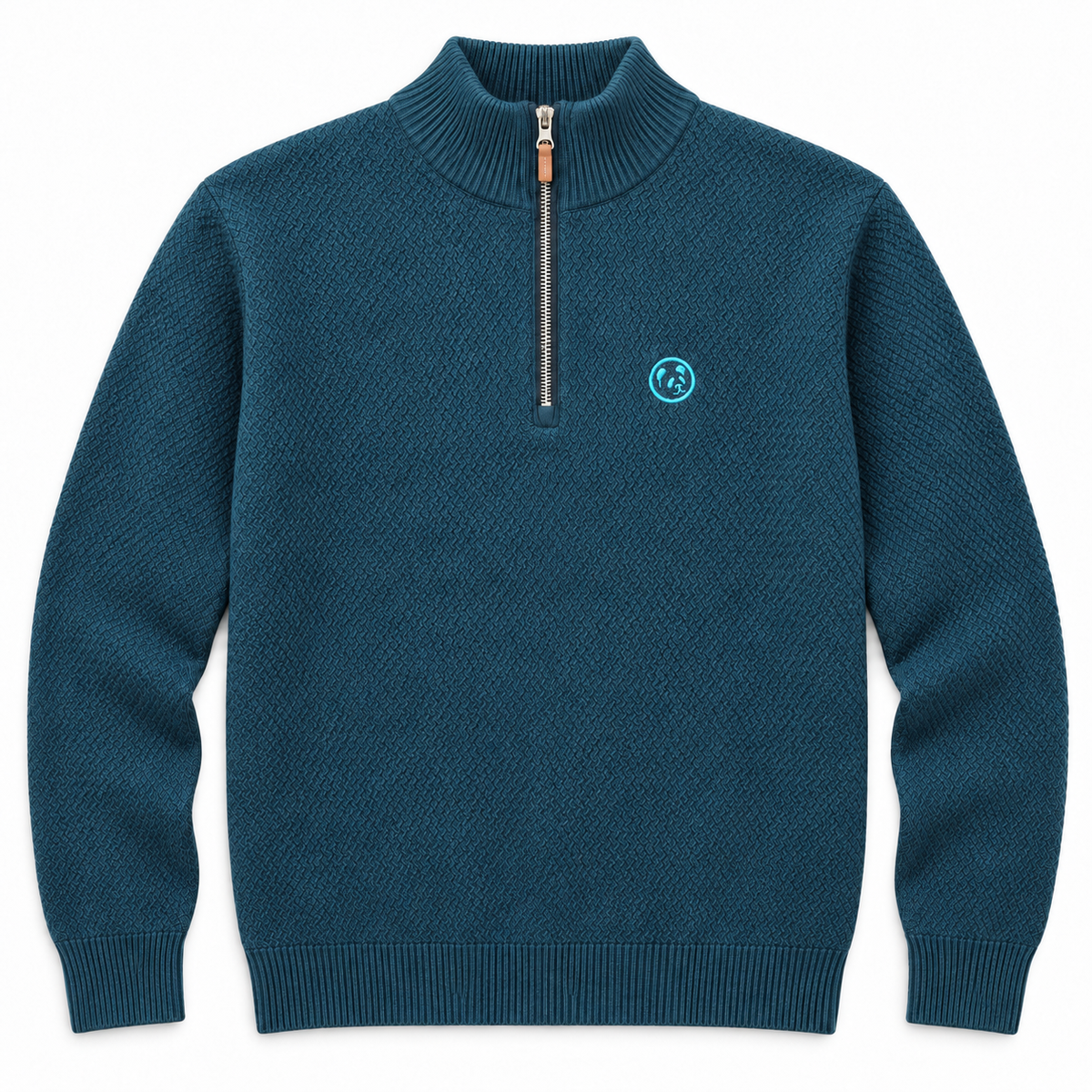 Jersey azul petróleo LaPanda de punto texturizado con media cremallera y pequeño panda bordado turquesa, vista frontal