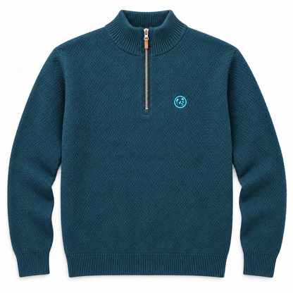 Jersey azul petróleo LaPanda de punto texturizado con media cremallera y pequeño panda bordado turquesa, vista frontal