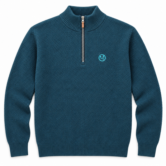 Jersey azul petróleo LaPanda de punto texturizado con media cremallera y pequeño panda bordado turquesa, vista frontal