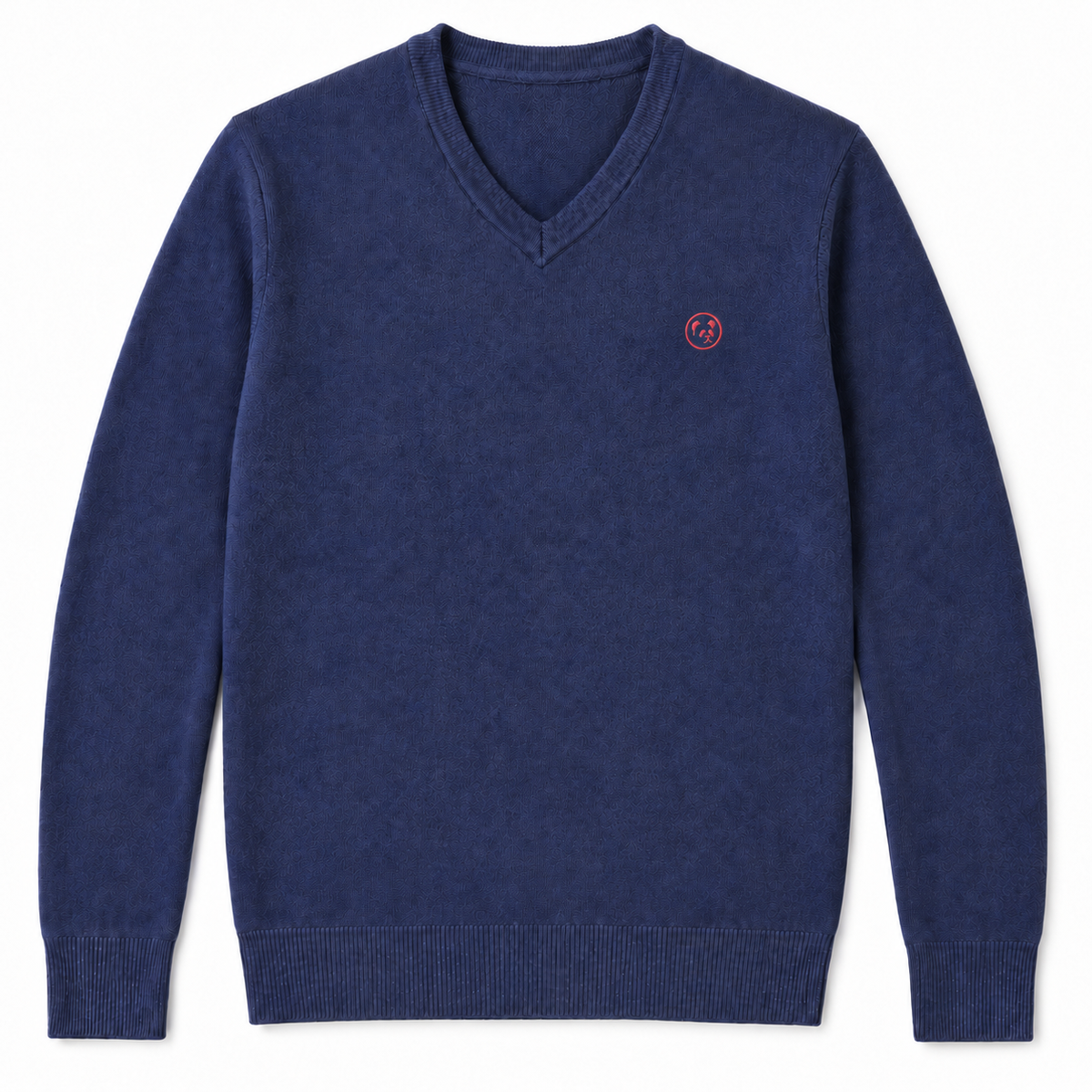 Jersey azul de LaPanda con cuello de pico y pequeño bordado rojo coral, vista frontal