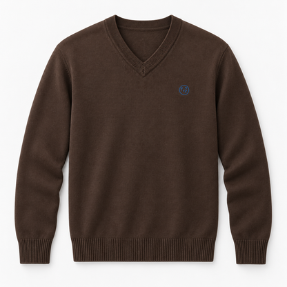 Jersey marrón chocolate de LaPanda con cuello de pico y pequeño logo bordado azul, vista frontal