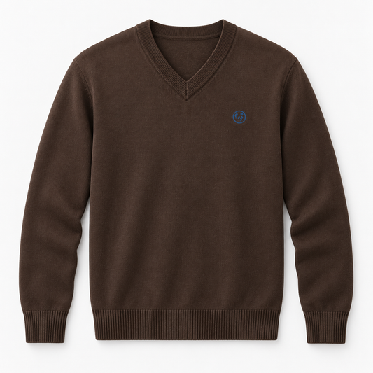 Jersey marrón chocolate de LaPanda con cuello de pico y pequeño logo bordado azul, vista frontal