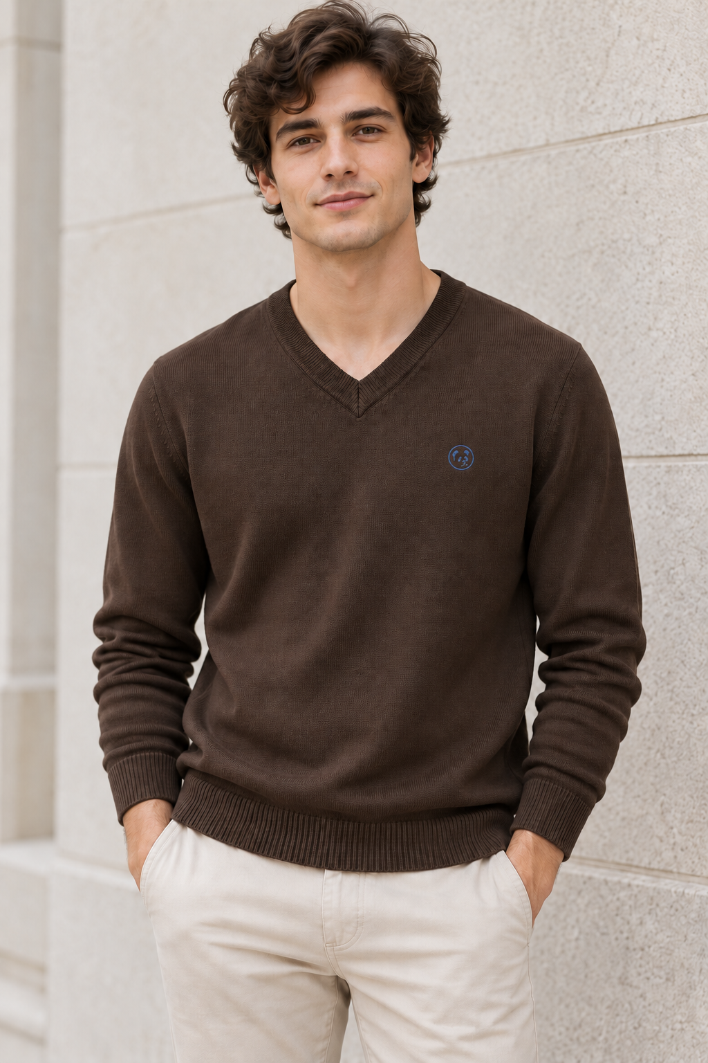 Modelo con jersey marrón de LaPanda, cuello de pico y bordado azul, vista frontal