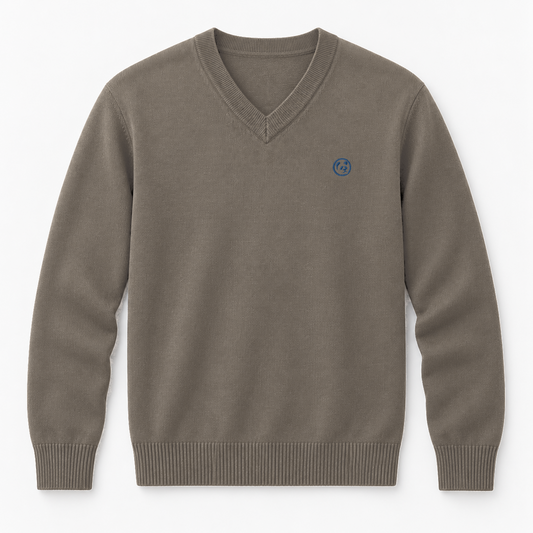 Jersey marrón topo de LaPanda con cuello de pico y pequeño panda bordado azul, vista frontal