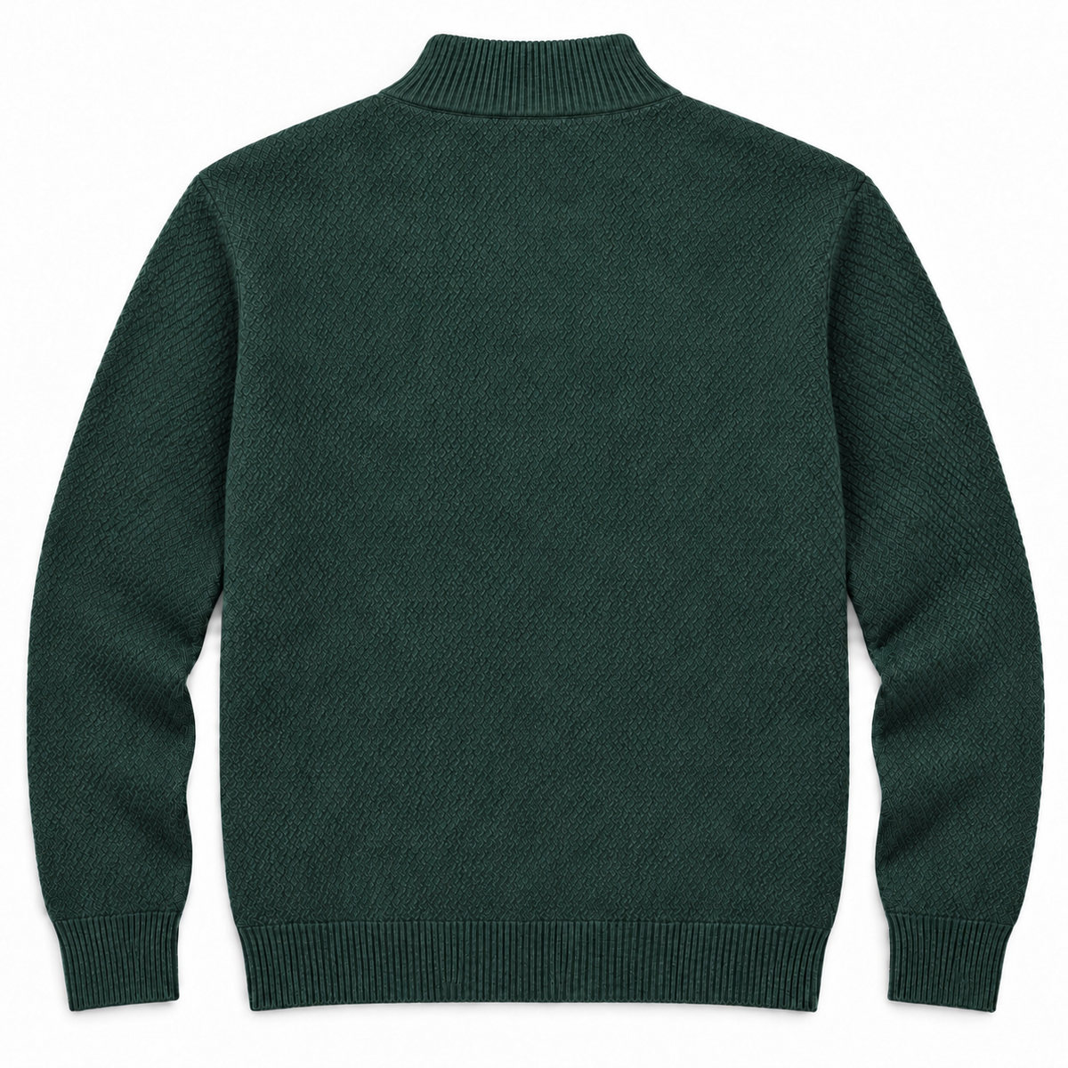 Vista trasera del jersey verde botella LaPanda de punto texturizado con cuello alto, puños y bajo de canalé