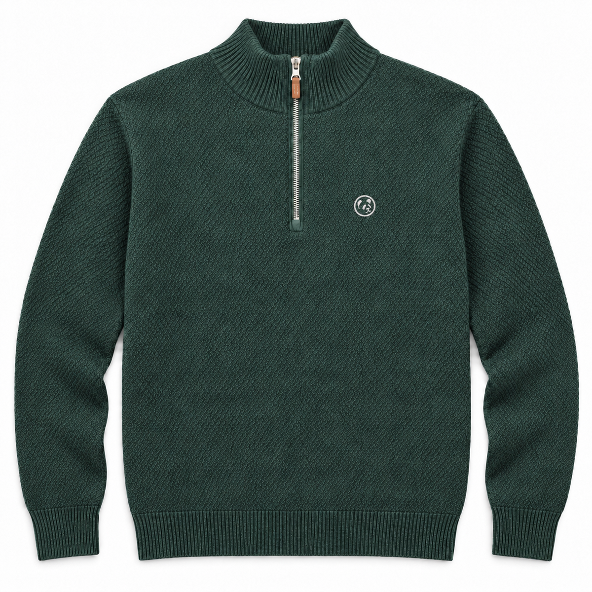 Jersey verde botella LaPanda de punto texturizado, media cremallera y pequeño panda bordado blanco, vista frontal