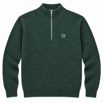 Jersey verde botella LaPanda de punto texturizado, media cremallera y pequeño panda bordado blanco, vista frontal