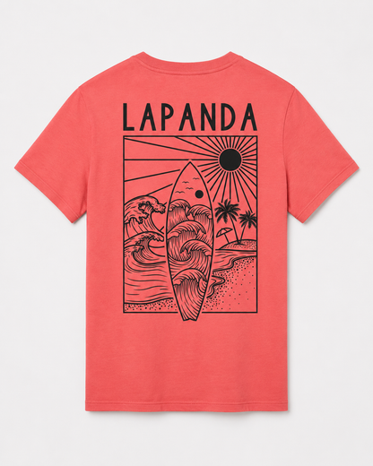 Camiseta "LaPanda Surf" Coral · Print Negro