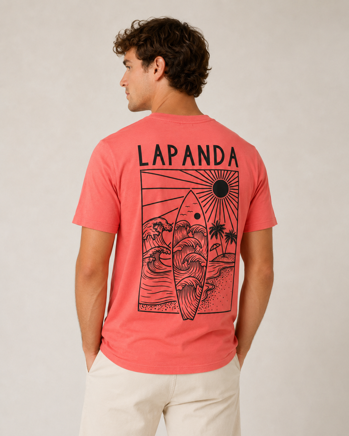 Camiseta "LaPanda Surf" Coral · Print Negro