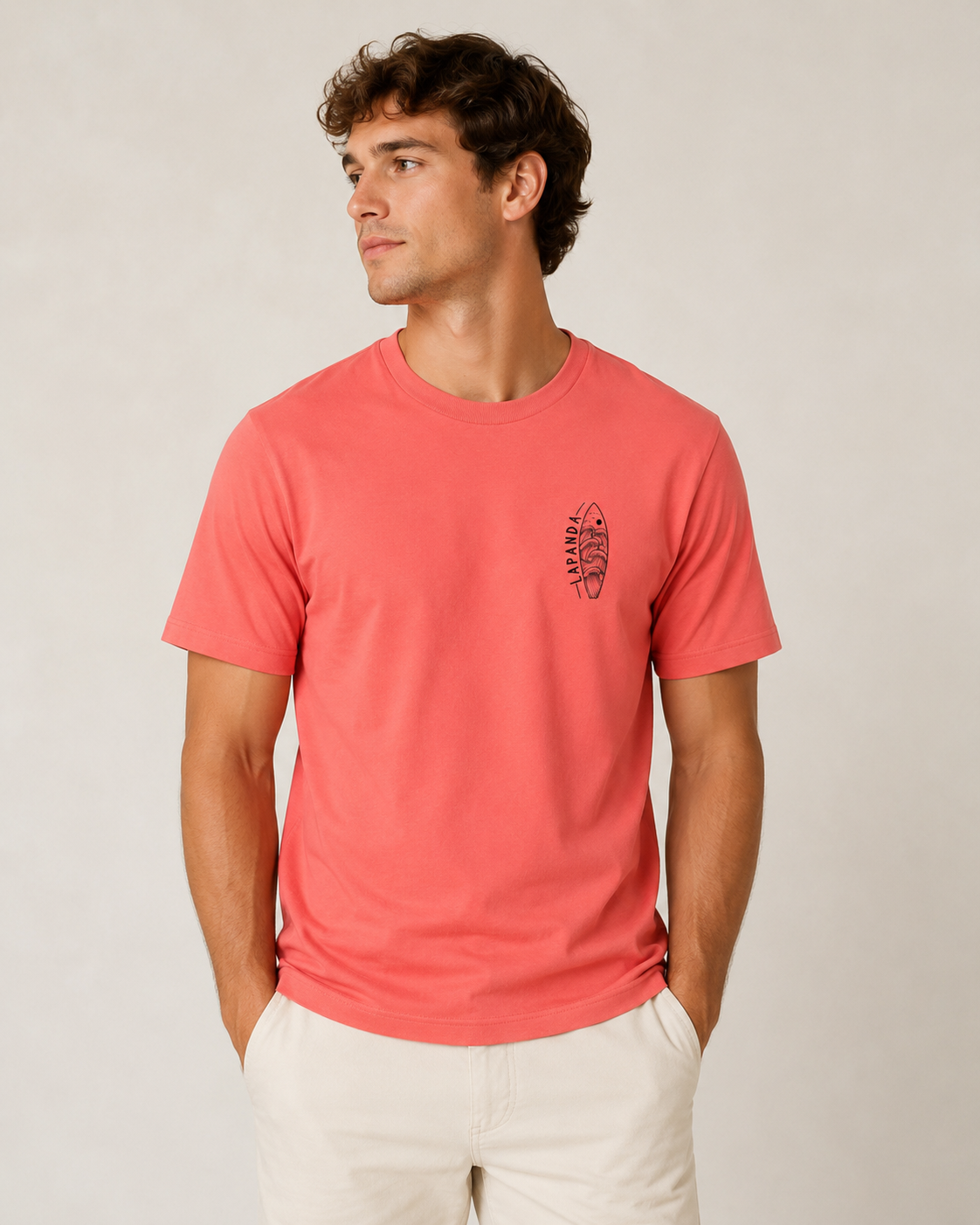 Camiseta "LaPanda Surf" Coral · Print Negro